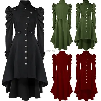 Ženy Vintage Tlačidlo Hore Šaty Lístkového Rukávy Steampunk Cosplay Bunda Slim fit Retro Lady Dlho Viktoriánskej Gotický Halloween Kostým