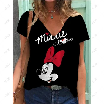 Letné Ženy Krátke Rukáv V krku Nadrozmerné Tričko pre Ženy Módne Dámy T-shirt Disney Minnie Mickey Mouse Tlače Top Bežné