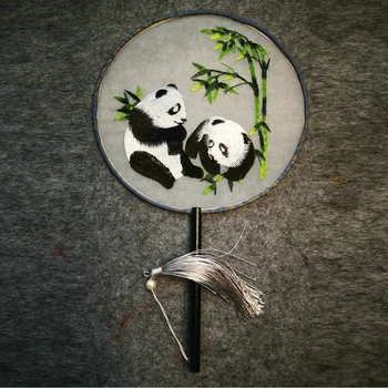 Orientálna Obojstranný Vyšívané Kolo Hodváb Ventilátor S Panda Hrá Bambusu Vzor Znamená Veľa Šťastia & Dúfam, Že Cheongsam Príslušenstvo
