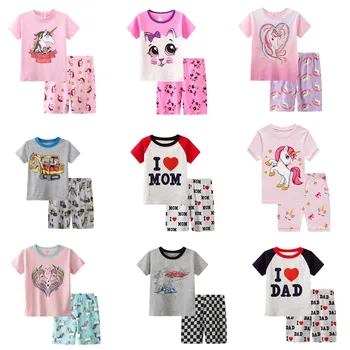 2 ks Batoľa Dievčatá Bavlnené Pyžamá Oblečenie Cartoon Jednorožec Grafické Posádky Krku T-Shirt Top a Elastický Pás Šortky Sleepwear
