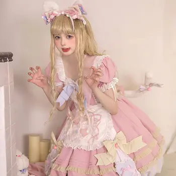 Lolita šaty Kawaii Luk Láska Čipky Tlače Ružová Nádherná Princezná sladké girl Šaty