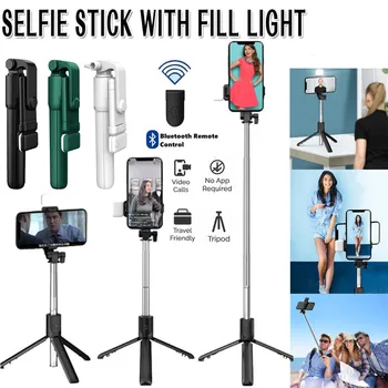 Mobilný Telefón Statív Stojí Selfie Stick Diaľkové Spúšte Nastaviteľné Bezdrôtový Rotujúce Držiteľ Skladací Stojan S Vyplniť Svetla