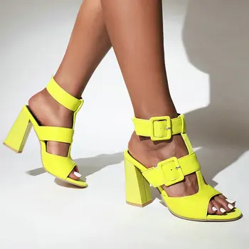 Neon Žltá Zelená Farba Pracky Popruhu Sexy Dizajnér Dámske Letné Topánky Otvorené Prst Bloku Vysoké Podpätky Party Šaty Čerpadlá Lady Sandále