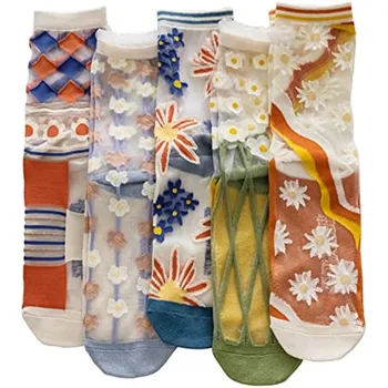 5 Párov Dámske Roztomilé Ponožky Kvetinová Čipka Oka Hodváb Posádky Ponožky pre Ženy, Zábava Estetické Tylu Ponožky EÚ 35-39 NÁS 5-7