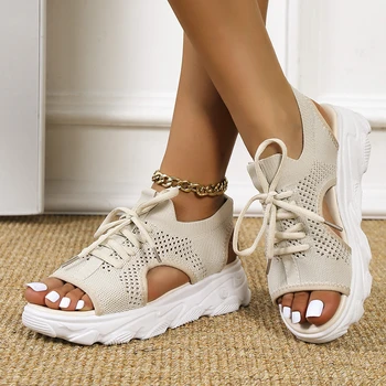 Letné Ženy Sandále Bežné Oka Duté Priedušná Obuv Otvorené Prst Krajky-up Klin Tenisky Sandalias Zapatos Mujer