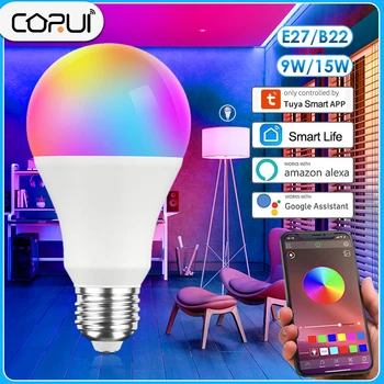 CORUI B22 E27 Tuya WIFI RGBCW Smart Žiarovka 9W/15W Stmievateľné LED Lampa Alexa Domovská stránka Google Alice Hlasové Ovládanie Pomocou Inteligentného Života