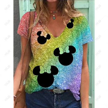 Ženy V-neck T-shirt Disney Minnie Mickey Mouse Tlač Módne Y2k Streetwear Lete Žien Nadrozmerné Voľné Tričko Ženský Čaj