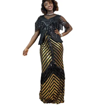Africké Šaty pre Ženy Lete Elegantné Afriky Krátky Rukáv O-krku Zlato, Striebro Polyester Sequined Svadobné Party Dlhé Šaty