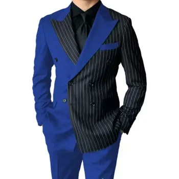 Boutique pánske Obleky Blue Šitie Čierne Pruhované Rovno Business Bežné Strany Prom Vyhovuje 2ks Odev Traje de novio