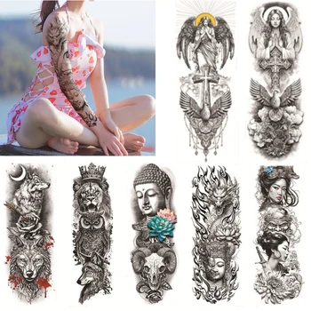 Rukáv Dočasné Tetovanie Samolepky pre Mužov, Ženy, Dospelých Viking Buddha Lebky Drak Plný Rameno Falošné Tetovanie Vodotesné Telo Tatouage