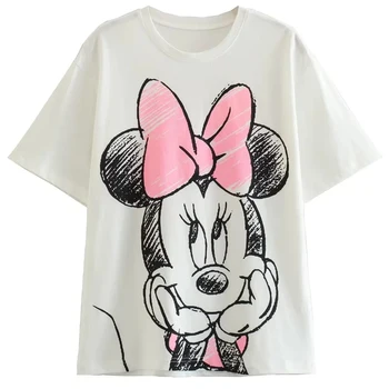 2023 Nové Sladké Minnie Mouse Karikatúra Grafiku Tlačené Disney Ženy T-shirts Streetwear Príležitostné Voľné Nadrozmerná Krátky Rukáv Topy Čaj