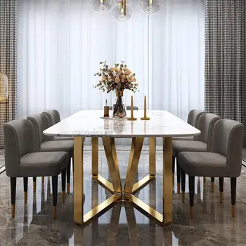 Luxusné Mramorové Jedálenský Stôl Minimalistický Zlatý Dizajn Z Nehrdzavejúcej Ocele High-End Obdĺžnik Stôl A Šesť Stoličiek, Bytového Nábytku