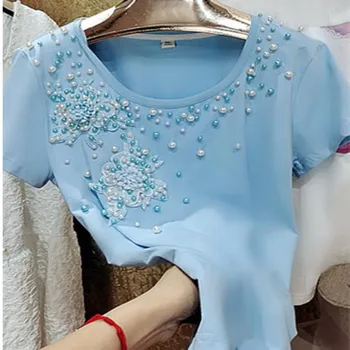 Ťažký Priemysel Korálkové Pearl t-shirt ženy, krátky rukáv, Troch-dimenzionální Čipky Kvet Čistej Bavlny Top tees