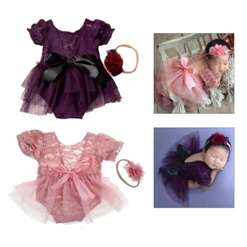 Fotenie Rekvizity pre 0-1M Baby Girl Dieťa Foto Kostým Kvet Čelenka & Princezná Šaty Fotografii Pózuje Oblečenie