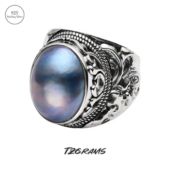 TZgrams Skutočné 925 Silver Prírodné Mabe Pearl Prstene pre Ženy Oválne Blue Pearl Vyrezávané Kvet Vintage Veľký Kruh Vyhlásenie Šperky