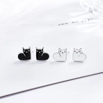 Super Cut Malá Čierna Biela Mačka Strieborná Farba Stud Náušnice Pre Ženy Kórejský Trendy Jewerly Aretes De Mujer