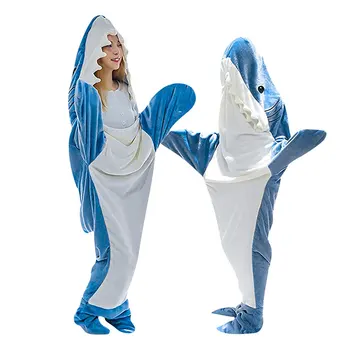 Mäkké Teplé Shark Deka pre Dospelých s Kapucňou Dizajn a Voľné Jumpsuit Domov Nositeľné Modrá, Biela Deka Multi-veľkostí