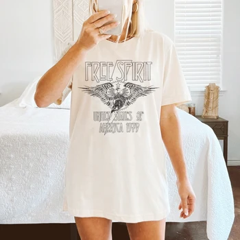 Slobodný Duch Ženy 70. Retro Grafika Tees Príliš Krátky Rukáv Eagle Tlač Vintage T-Shirt Hippie Boho Topy Trendy Hudby Tričko