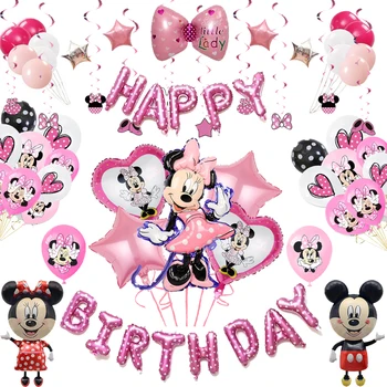 Disney Minnie Ružová Myši Narodeniny Dekorácie Happy Birthday Balón Cartoon Fólie Latexový Balón Nastaviť Deti Strana Navrhne Dievča, Darček