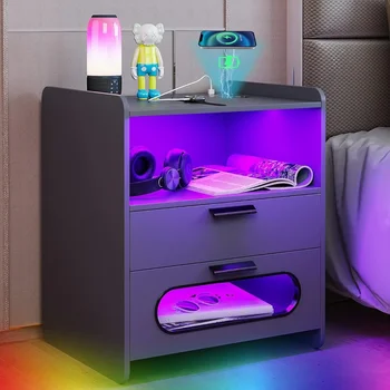 Gurexl RGB nočnom stolíku s Bezdrôtové Nabíjanie Stanice a Porty USB LED 24Color Stmievateľné,s Ľudským Telom Funkcie snímania Rgb Sivá