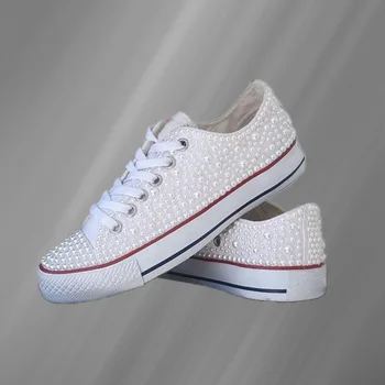 Low-top biela stuha plátno topánky s pearl kamienkami pohodlné prechádzky ručné drahokamu vulkanizovanej topánky 35-46