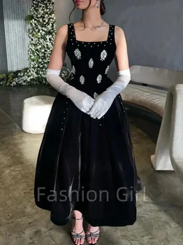 Elegantný Retro Sexy Black Velvet Crystal Lištovanie Perly Rukavice Dĺžka Podlahy Formálne Príležitosti Prom Šaty Večerné Party Šaty