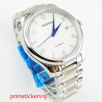 Modré ruky 38mm PARNIS biela dial dátum zafírové sklo kolo prípade automatické pánske hodinky P723