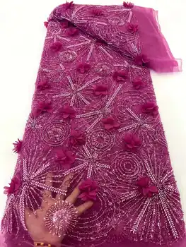 Luxusný 3D Kvety Afrického Čipky Textílie 2024 Vysokej Kvality Flitrami francúzskej Čipky a Tylu Vyšívanie Korálkami Pre Šitie Textílie