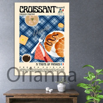 Croissant Plagát Vintage Štýl, Francúzskej Kuchyne Múr Umenia Pre Moderné Kuchyne,Francúzsko Retro Štýl Potravín Tlač, Potraviny Ilustračného Umenia