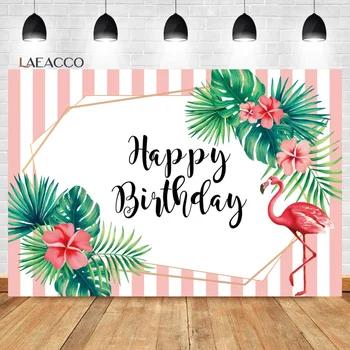 Laeacco Flamingo Happy Birthday Pozadie Letné Tropické Palmových Listov Deti Baby Sprcha Portrét Vlastnú Fotografiu Na Pozadí