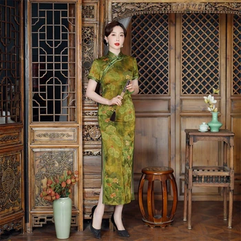 Elegantný Zelený Kvetinový Tlač Qipao Šaty Modernej Čínskej Tradičnej Ženy Moderné Cheongsam Vestidos